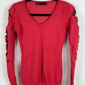 3R Street Wear Top Sweatshirt Tunic Size M Pink Long Sleeve V Neck Stretch